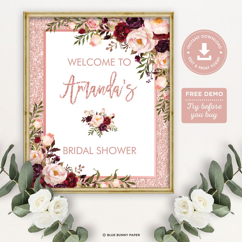May include: A printable bridal shower sign with a pink glitter background and floral border. The sign says "Welcome to Armanda's Bridal Shower".