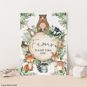 Signo de favores de bosque rústico, decoraciones de baby shower de bosque verde, decoración imprimible de cumpleaños de animales salvajes DESCARGA INSTANTÁNEA, WOOD24