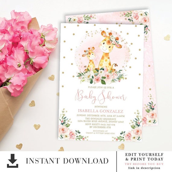EDITABLE Jungle Giraffe Baby Shower Invitation. Pink Gold Floral Printable Invite. Girly Safari 1st Birthday Instant Download. GI5 Il_570xn