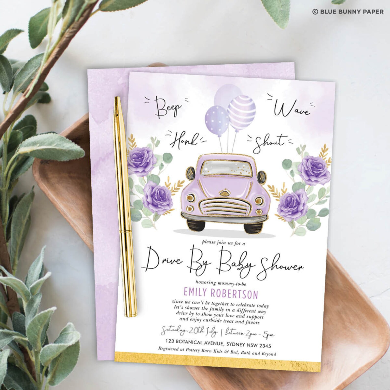 Editable Drive Thru Baby Shower Invitation. Purple Gold Car Etsy