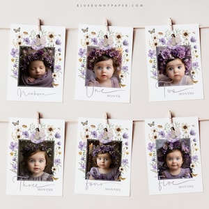 Bannière photo de premier anniversaire de fée violette Fée de fleurs sauvages de lavande 1er anniversaire Cartes photo d’étape mensuelle MODIFIABLE Boho Photo Banner FA6