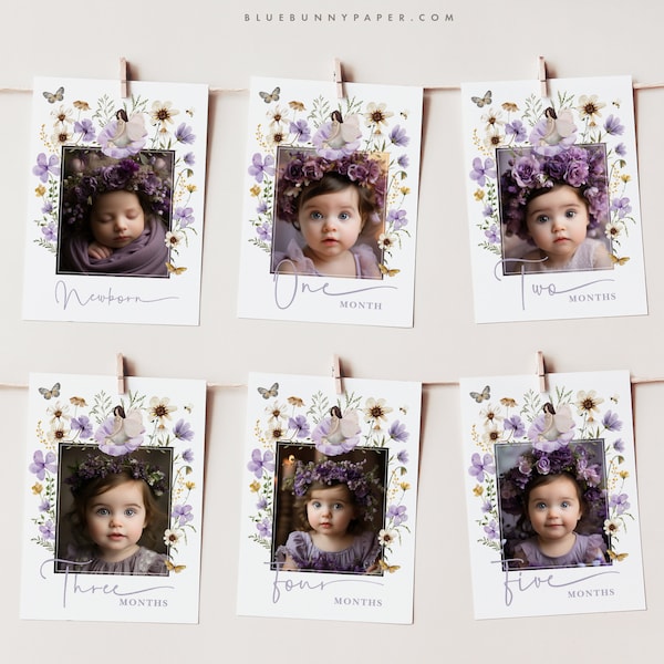 Purple Fairy First Birthday Photo Banner Lavender Wildflower Fairy 1st Birthday Monthly Milestone Photo Cards EDITABLE Boho Photo Banner FA6