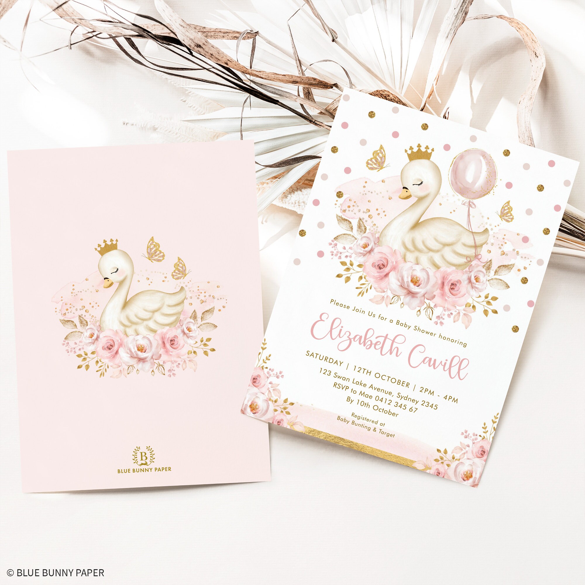Editable Swan Princess Baby Shower Invitation Pink and Gold Swan With ...