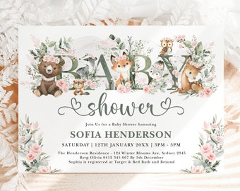 Rose Blush Floral Woodland bébé douche Invitation modèle vert sauge Eucalyptus animaux de la forêt inviter bébé fille téléchargement imprimable FOR6
