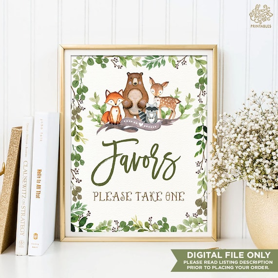 Botanical Woodland Animals Baby Shower Favors Printable Sign Etsy