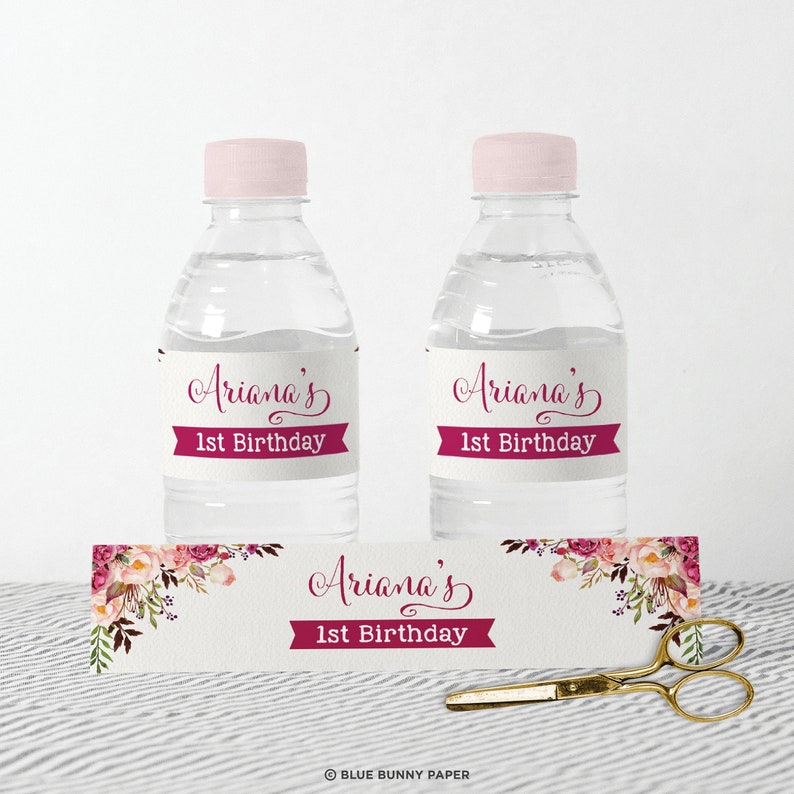 Editable Floral Water Bottle Label Template, Boho 1st Birthday Favors, Rustic Flower Baby Shower Decorations Garden Party Download, FLO7 image 1