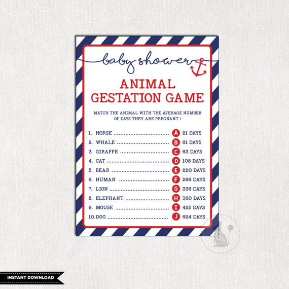 NAUTICAL Baby Shower Game. Animal Pregnancy Game. Animal Gestation. Anchor Baby Shower Printable Party Game. Navy and Red Ahoy Baby boy NAU1 Il_570xn