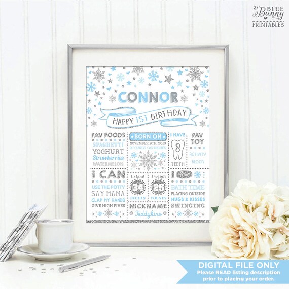 Boy First Birthday Chalkboard Poster. Winter ONEderland Milestone Stats Printable. Silver and Blue Birthday Sign. Nursery Decor. WINT15 Il_570xn