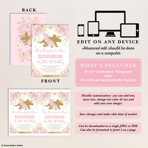 May include: Printable 5"x7" invitation template for a girl's 5th birthday party. The design features a pink and gold unicorn with a pink tutu and floral accents. The text reads "Stamp, Champ, Growl and Roar!" and "Charlotte's 5th Birthday".