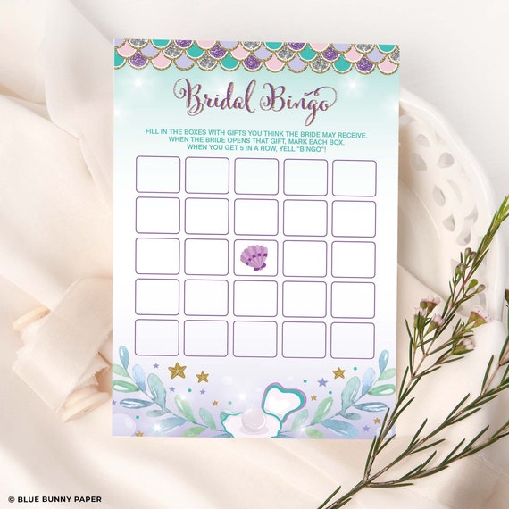 Mermaid Bingo Bridal Shower Game, Beach Wedding Shower Printable, Under