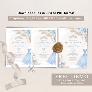 May include: A digital printable invitation for a Quincea&ntilde;era. The invitation features a blue and white watercolor dress, a crown, and the text "Quincea&ntilde;era Aurora Rose" with the date "October 25".