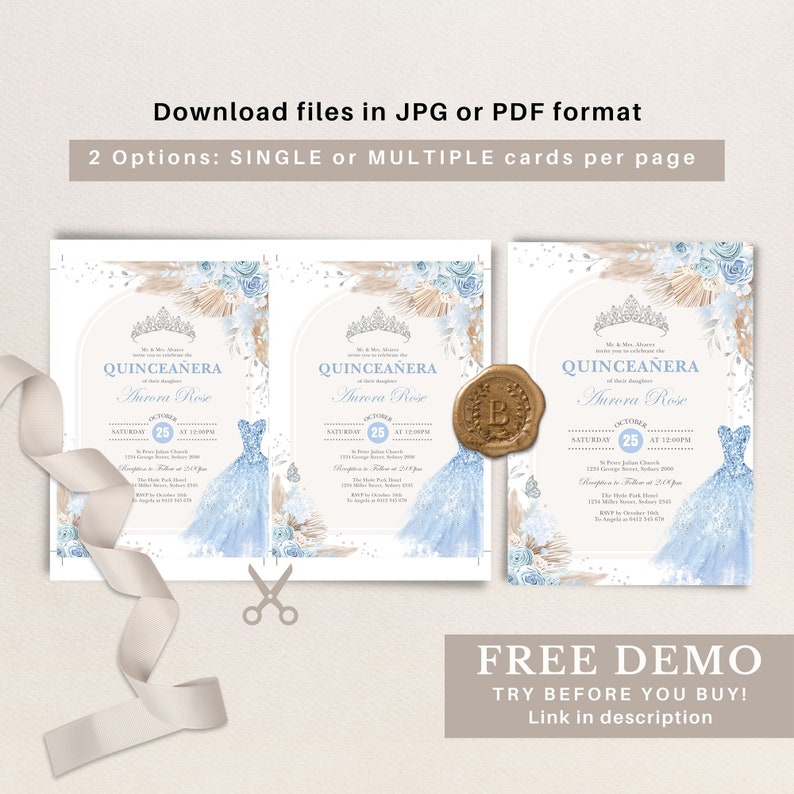 May include: A digital printable invitation for a Quincea&ntilde;era. The invitation features a blue and white watercolor dress, a crown, and the text "Quincea&ntilde;era Aurora Rose" with the date "October 25".