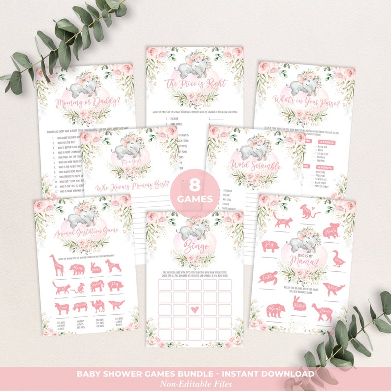 Games Package Party Game EL17 8 Elephant Baby Shower Games Girly Blush Pink Floral Games Bundle Download Printable Instant Download