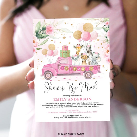 Pink Floral Jungle Baby Shower By Mail Invitation Template, Safari Animals Virtual Baby Shower Invite, Editable Pink Gold Printable, DB5 Il_570xn