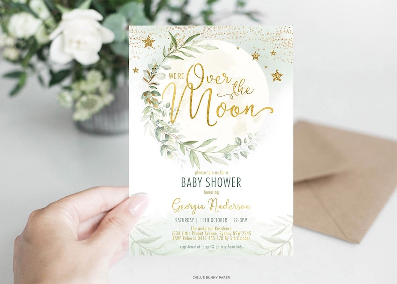 Over the Moon Baby Shower Invitation Twinkle Twinkle Little Star Printable Invite Dreamy Greenery Gold EDITABLE TEMPLATE Download. MOON9 image 1