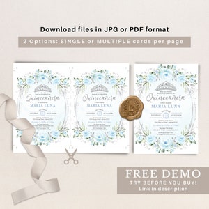 May include: Two printable Quincea&ntilde;era invitation cards featuring a blue and silver floral design. The text on the cards reads "Quincea&ntilde;era" and "Maria Luna".