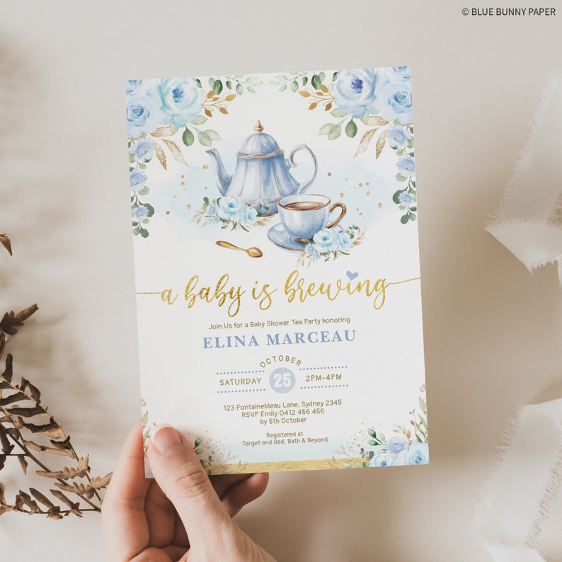 Boy Baby Shower Tea Party Invitation, Baby is Brewing Baby Brunch Invite, Blue Gold Floral Par-Tea Printable Editable Template, FLO43 image 7