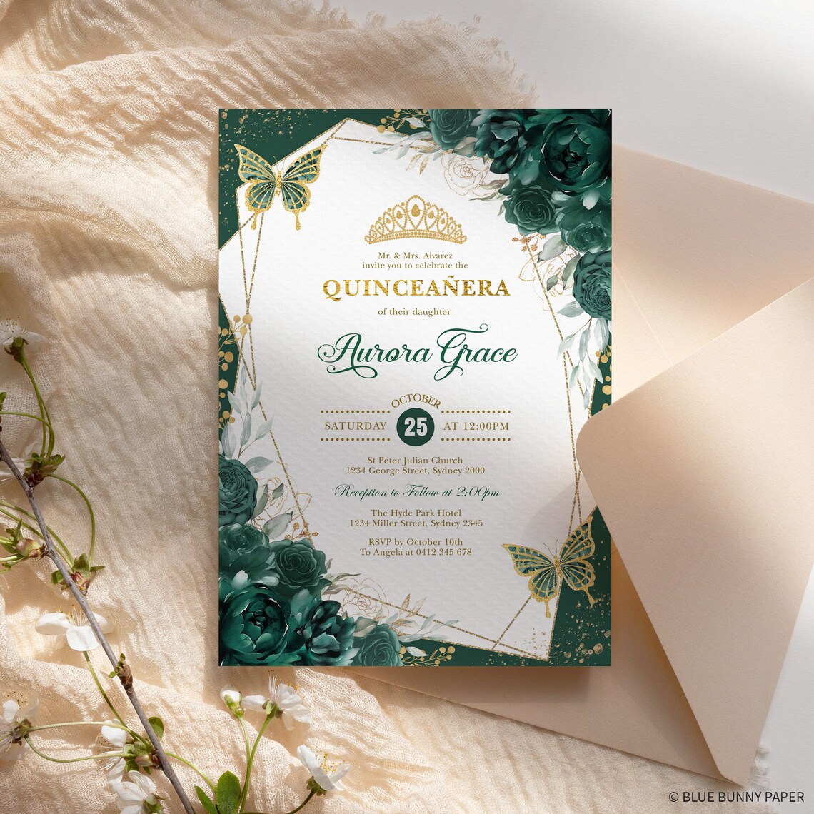 Emerald Green Floral Quinceañera Invitation Butterflies Mis Etsy