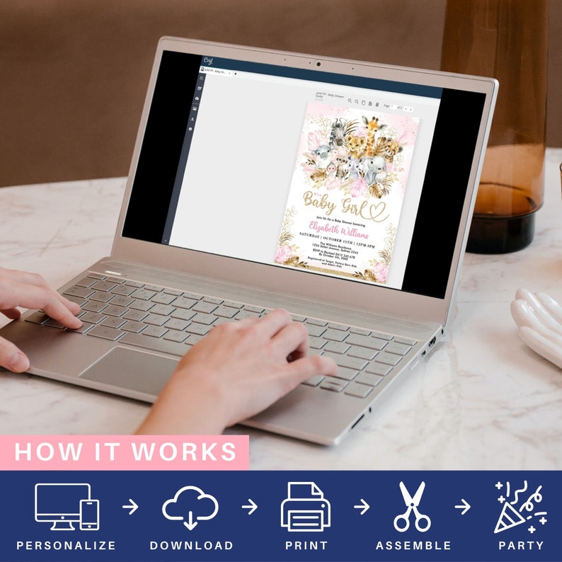 May include: A laptop displays a baby shower invitation with a pink background, gold text, and watercolor animal illustrations. The invitation reads "Baby Girl" and includes event details. Below the laptop, the words "HOW IT WORKS" are displayed with icons and text.