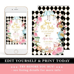 Alice in Wonderland Save the Date Template, Mad Hatter Tea Party Invitation, Alice in Onederland 1st Birthday Printable Download, AL1 image 4