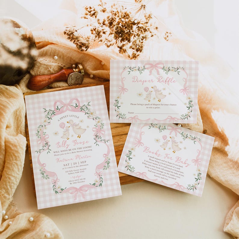 May include: Baby shower invitations with a pink gingham pattern and floral accents. The invitations feature the text "A Sweet Little Silly Goose" and include details for a baby shower. Additional cards include "Diaper Raffle" and "Books For Baby".