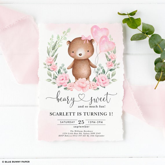 Editable Bear Birthday Invitation Template Girl Teddy Bear | Etsy