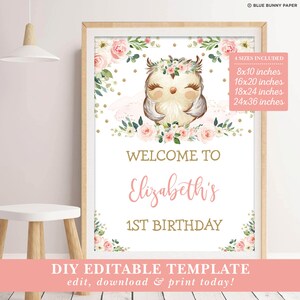 May include: A printable welcome sign for a first birthday party featuring a pink and gold owl with a floral crown. The sign says "Welcome to Elizabeth's 1st Birthday".