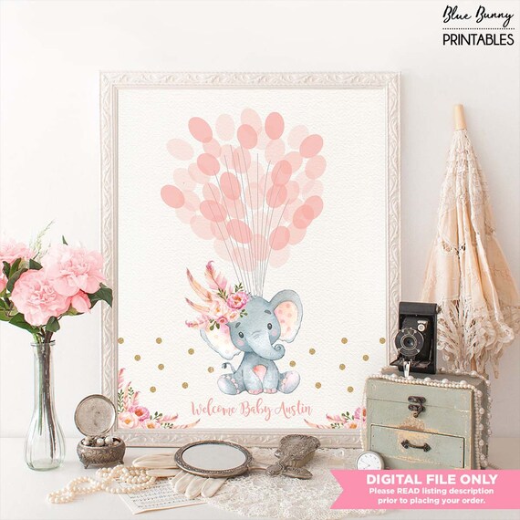 Boho Elephant THUMBPRINT GUESTBOOK Printable Sign. Pink & Gold Confetti Jungle Baby Shower. Alternative Fingerprint Thumbprint Tree FLO12AE Il_570xn