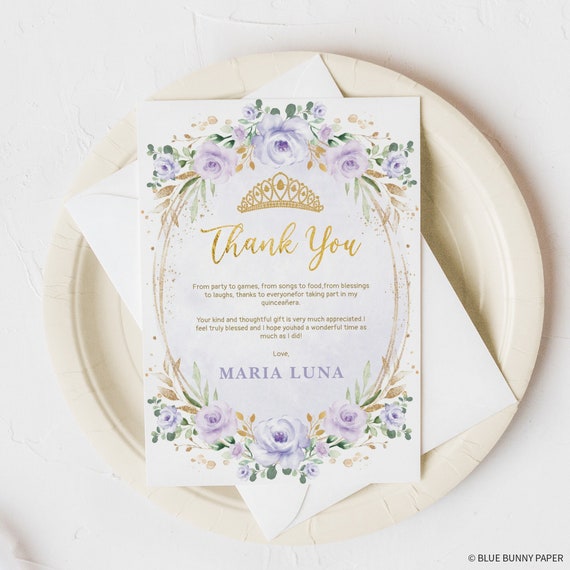 QUINCEAÑERA Thank You Card Editable Template Purple Princess Etsy