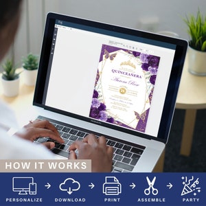 May include: A laptop displays a quincea&ntilde;era invitation design. The invitation features a purple and gold color scheme with floral and butterfly accents. The text reads "Quincea&ntilde;era Aurora Rose" with event details. The bottom of the image shows the words "HOW IT WORKS" and icons.