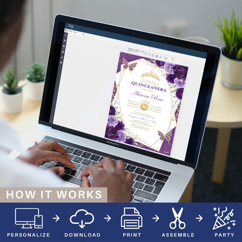 May include: A laptop displays a quincea&ntilde;era invitation design. The invitation features a purple and gold color scheme with floral and butterfly accents. The text reads "Quincea&ntilde;era Aurora Rose" with event details. The bottom of the image shows the words "HOW IT WORKS" and icons.
