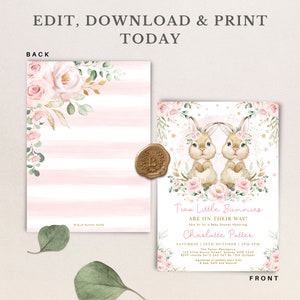 May include: Pink and gold baby shower invitation with two bunnies wearing floral headbands. The text reads "Two Little Bunnies Are On Their Way!" and "Charlotte Potter".