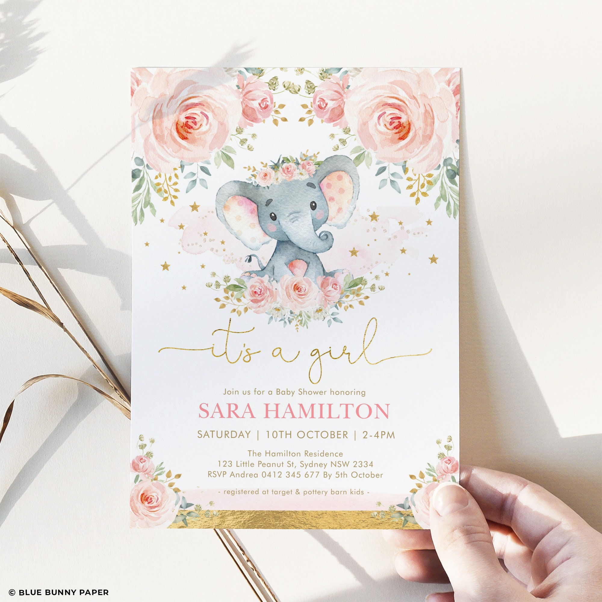 Blush Pink Gold Glitter Baby Shower Blank Invitations with