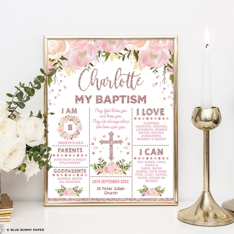 EDITABLE Rose Gold Floral Baptism Chalkboard Sign Blush | Etsy