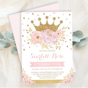 Crown Princess Birthday Invitation EDITABLE Template: Blush Pink Gold Watercolor Floral Digital Download, FLO18I