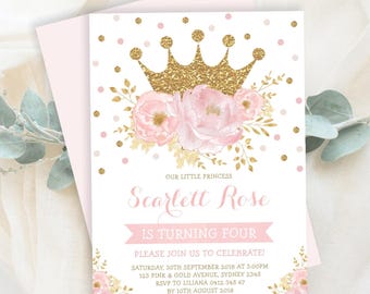 Plantilla editable para invitación de cumpleaños de la Princesa Heredera: Descarga digital floral en acuarela rosa palo y dorado, FLO18I