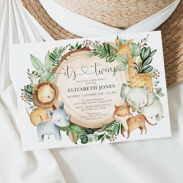 Safari Twins Baby Shower Invitation. Greenery Jungle Wild Animals Printable Template. EDITABLE Tropical Forest Invite Download. JUN12