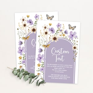 Tarjeta de inserción de cumpleaños de flores silvestres moradas, Tarjeta de recinto de bebé bohemio en flor, Plantilla de tarjeta de detalles de fiesta salvaje floral lila editable, FLO32