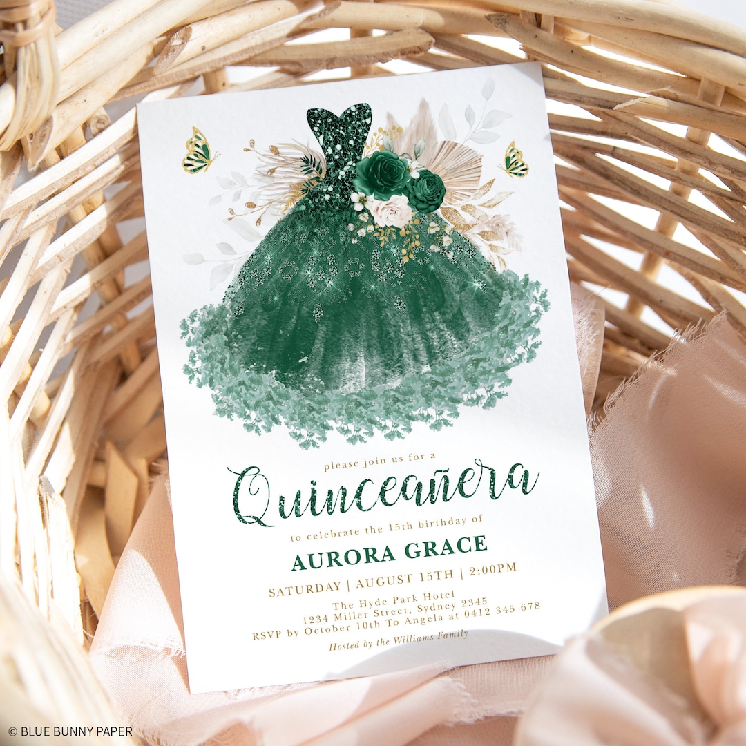 Quinceanera Invitation Template Emerald Green Gold Dress Theme Mis