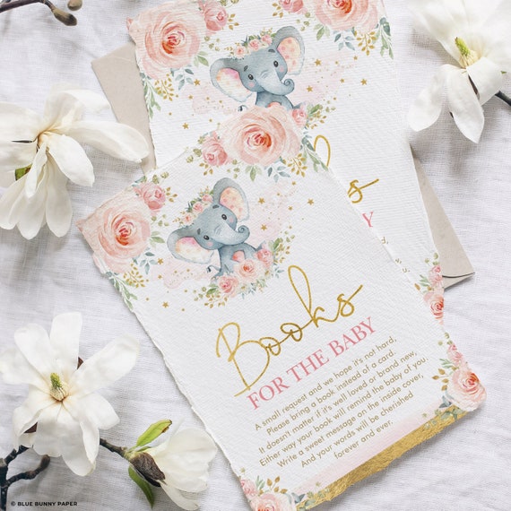 Elephant Girl Baby Shower Books for Baby Card Blush Gold Bring a Book