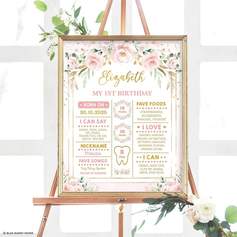 K&ouml;nnte beinhalten: Ein rosa-goldener Meilenstein-Poster zum ersten Geburtstag mit floralen Dekorationen. Der Poster enth&auml;lt den Namen Elizabeth, das Datum 30.10.2025 und Details zur Entwicklung des Kindes, einschlie&szlig;lich Gewicht, Gr&ouml;&szlig;e und F&auml;higkeiten.