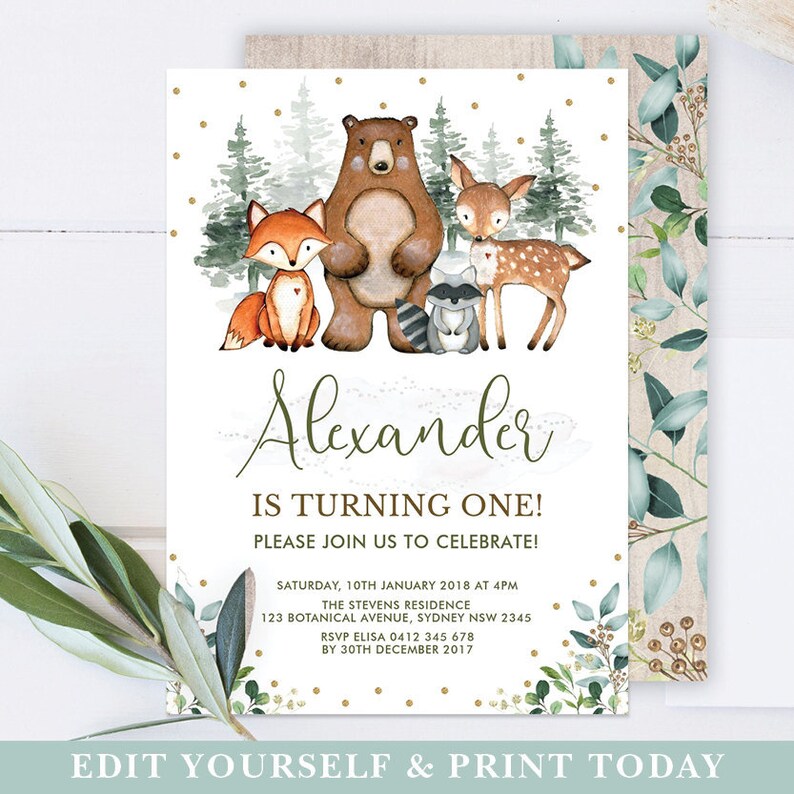 Woodland 1st Birthday Invitation / Greenery Forest Animals Editable Invite / Botanical Green Forest Party / Instant Download / WOOD14 image 1