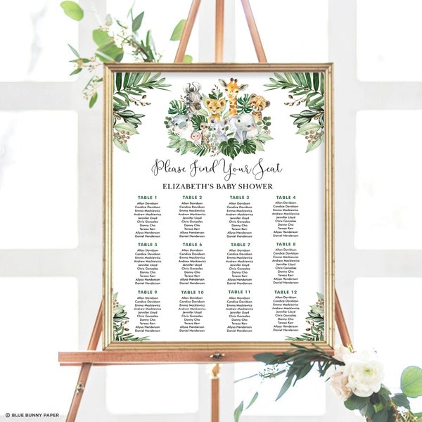 Tropical Safari Animals Seating Chart Template, Jungle Baby Shower, Wild One 1st Birthday Seating Plan Printable, EDITABLE TEMPLATE, JUN13