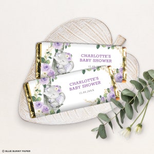 Girl Elephant Chocolate Bar Wrapper, Purple Floral Elephant Candy Bar Wrapper, Wild One Baby Shower Birthday Favors Editable Template, EL11