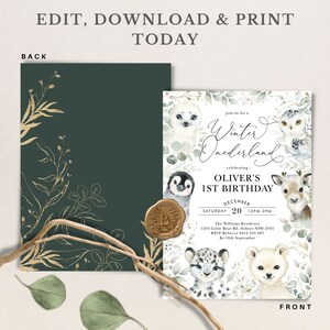 Invitation d’anniversaire d’hiver Onederland, invitation à la fête des animaux arctiques, feuilles de verdure d’eucalyptus modèle modifiable téléchargement instantané, WINT24 image 3