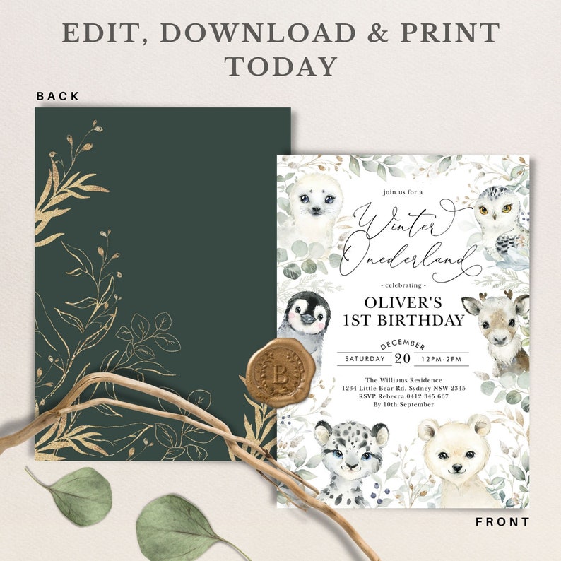 Invitation d’anniversaire d’hiver Onederland, invitation à la fête des animaux arctiques, feuilles de verdure d’eucalyptus modèle modifiable téléchargement instantané, WINT24 image 3