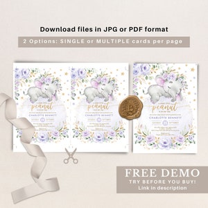 K&ouml;nnte beinhalten: Eine Babyparty-Einladung mit einer Aquarell-Illustration von zwei Elefanten mit lila Blumen und goldenen Sternen. Der Text lautet "Ein s&uuml;&szlig;es kleines peanut ist auf dem Weg" und enth&auml;lt den Namen Charlotte Bennett und das Datum Samstag, 25. September.
