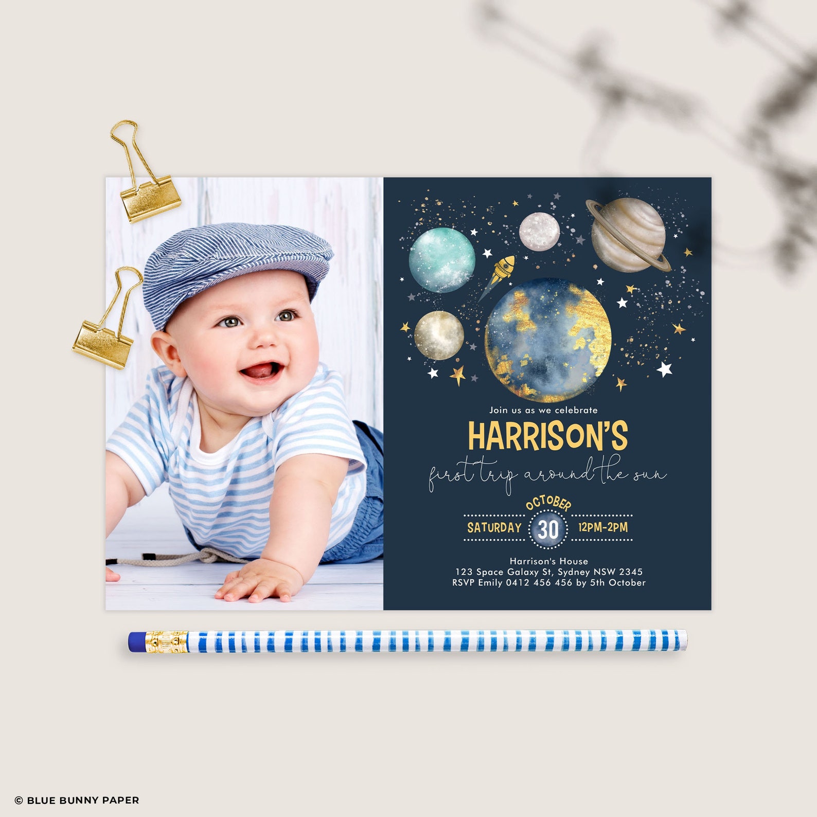 EDITABLE Outer Space Birthday Invitation Template Navy Gold - Etsy