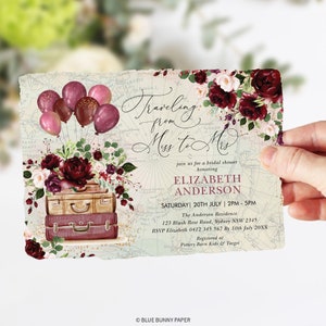 Reisen von Fräulein zu Frau Brautparty Einladung Burgund Blush Vintage Karte Koffer Ballons Floral druckbare bearbeitbare Vorlage, TRA6