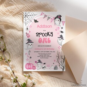 May include: Pink and black Halloween party invitation with a ghost and the text "Addison is a Spooky One". The invitation includes details for the party, including the date, time, location, and RSVP information.